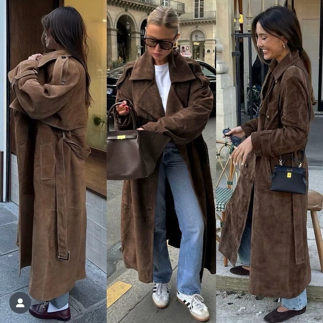 Damen Langer Oversize-Veloursleder-Trenchcoat mit Bindegürtel und Schulterriegeln Nord Taschen
