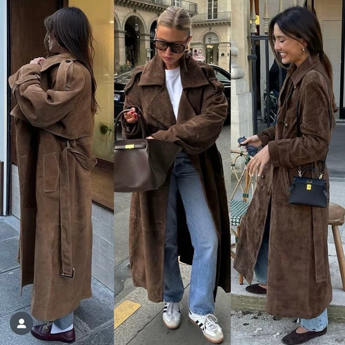 Damen Langer Oversize-Veloursleder-Trenchcoat mit Bindegürtel und Schulterriegeln Nord Taschen
