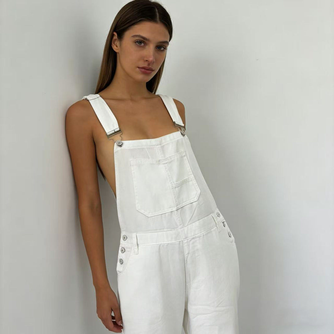 Damen weiche Denim-Latzhose mit weitem Bein, verstellbaren Trägern und Pattentasche Nord Taschen