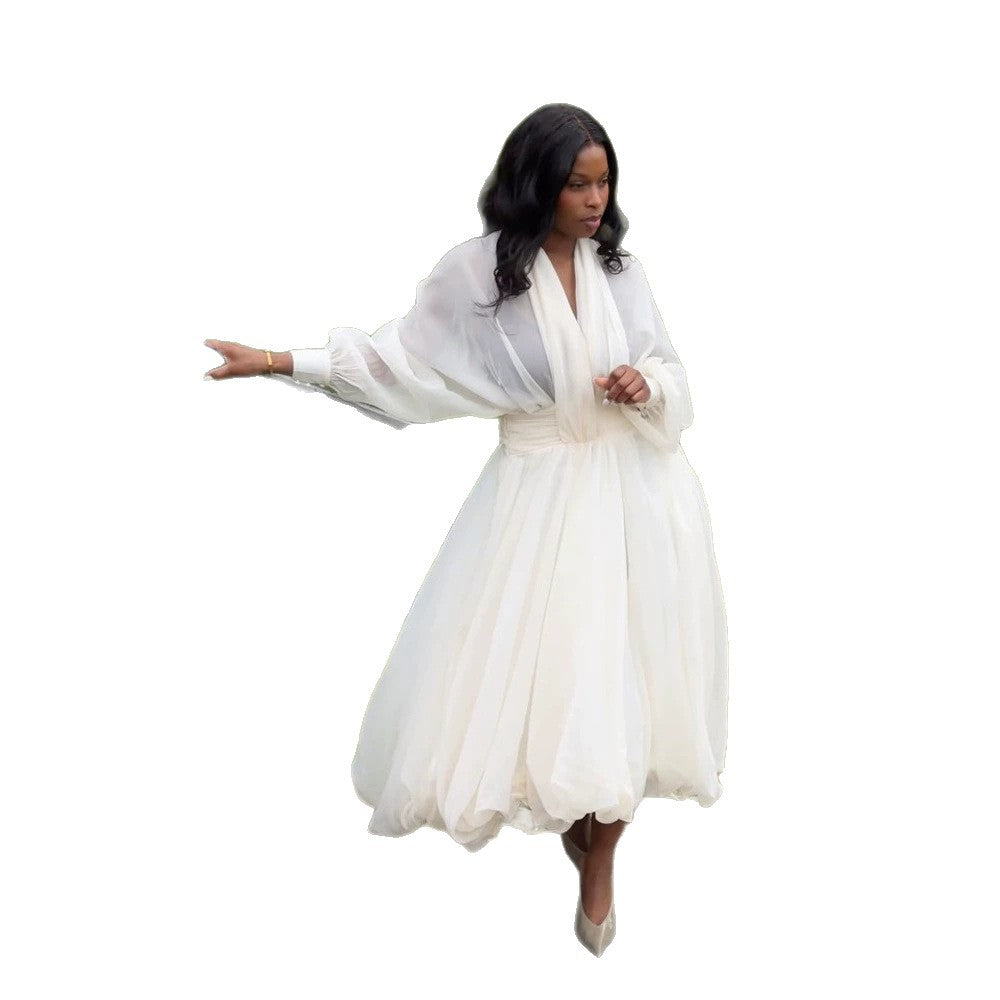 Damen Luftiges Plissiertes Maxikleid mit Ballon‑Saum, V‑Ausschnitt und Schalkragen Nord Taschen