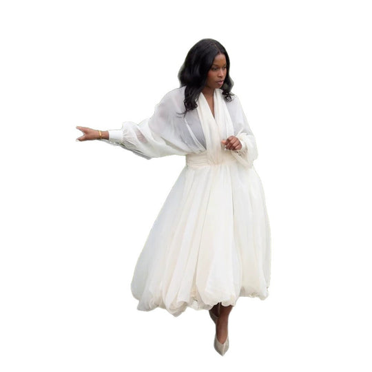 Damen Luftiges Plissiertes Maxikleid mit Ballon‑Saum, V‑Ausschnitt und Schalkragen Nord Taschen