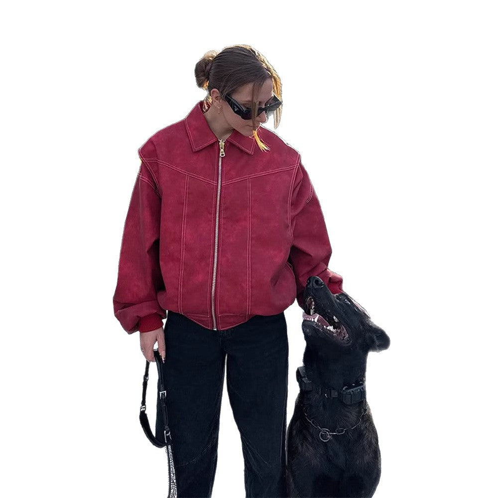 Damen Oversize Veloursleder-Blouson mit durchgehendem Reißverschluss und strukturierter Nahtführung Nord Taschen