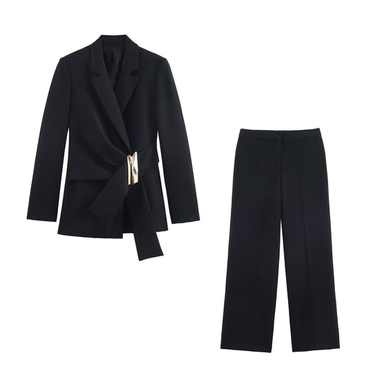 Damen Zweiteiliges Wickelblazer- und Palazzo-Anzugset mit Ziergürtel Nord Taschen