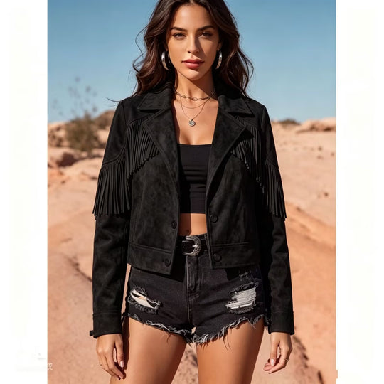 Damen Kurze Wildlederoptik-Fransenjacke im Cropped-Boxy-Schnitt Nord Taschen