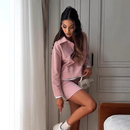 Damen Lässiges Zweiteiliges Sweatset mit Hemdkragen, Cropped‑Pullover und High‑Waist Bike‑Shorts Nord Taschen