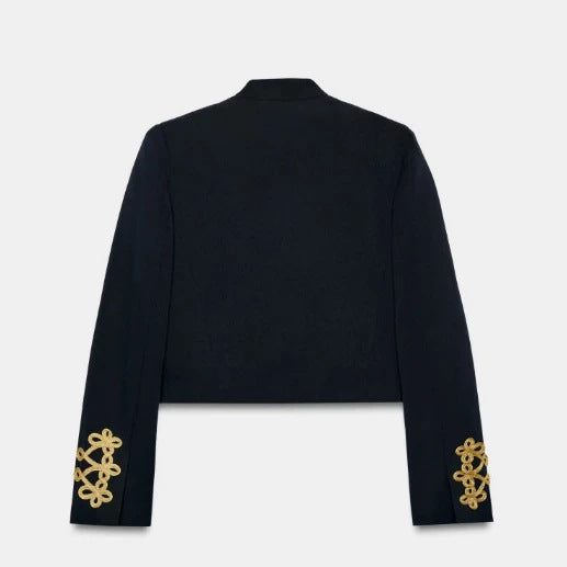Damen Taillierter Cropped Militärblazer mit Stehkragen und goldverzierten Epauletten Nord Taschen