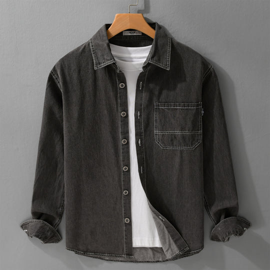 Herren Gewaschenes Denim-Overshirt im Workwear-Look mit Kontrastnähten Nord Taschen
