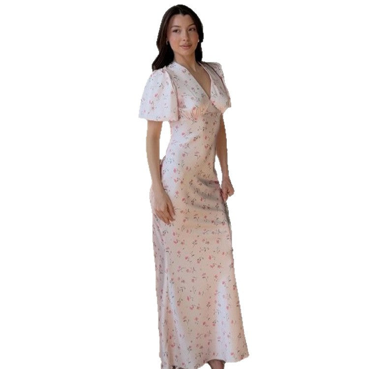 Damen Maxikleid mit floraler Satinoptik, taillierter Silhouette und kurzen Puffärmeln Nord Taschen