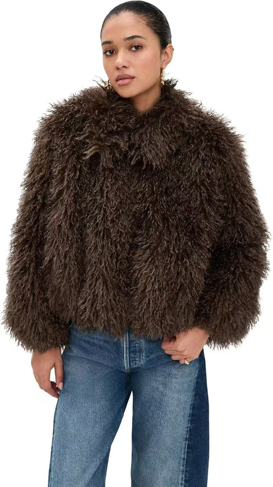Damen kurzer shaggy Kunstpelz-Blouson mit dichtem Hochflor Nord Taschen