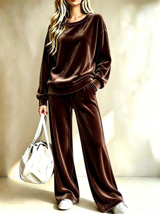 Damen Weiches Velours-Loungewear-Set mit weitem Bein und Rundhalsausschnitt Nord Taschen