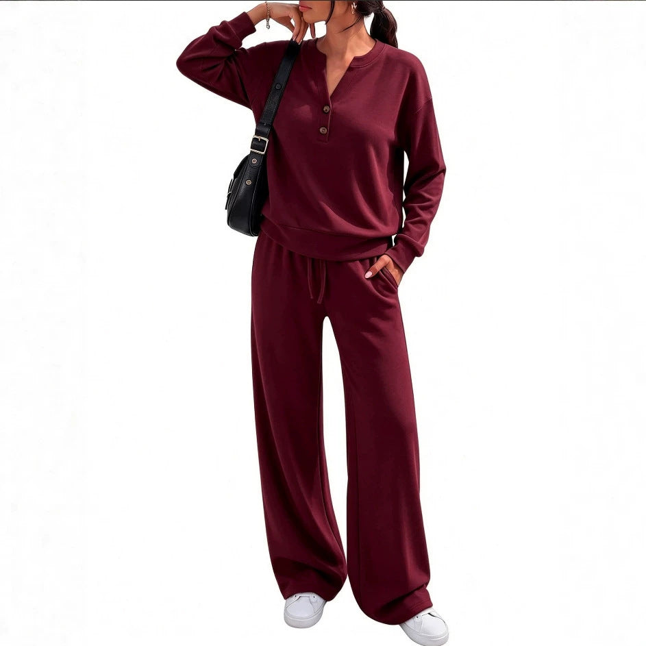 Damen Lounge-Set mit Henley-Kragen und palazzoweiter Jogginghose Nord Taschen