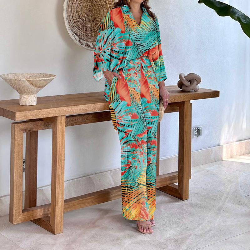 Damen Gemustertes Kimono-Lounge-Set mit weitem Palazzohose aus leichtem Viskose-Mix Nord Taschen