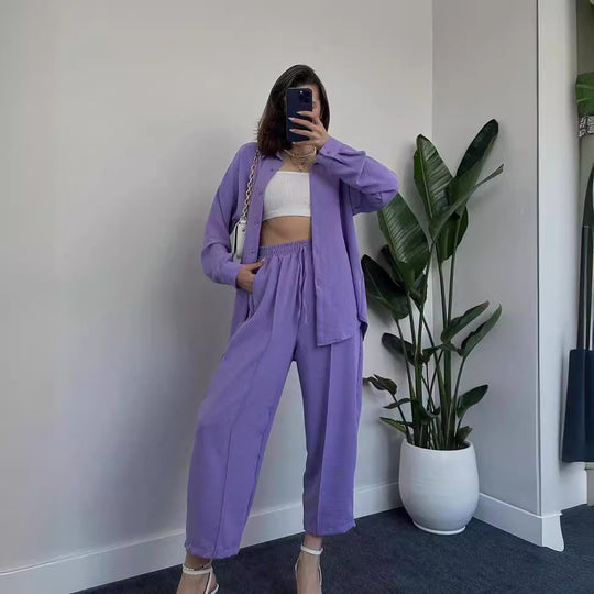 Damen Lässiges zweiteiliges Lounge-Set aus Crêpe mit Oversize-Hemd und hohem Elastikbund Nord Taschen