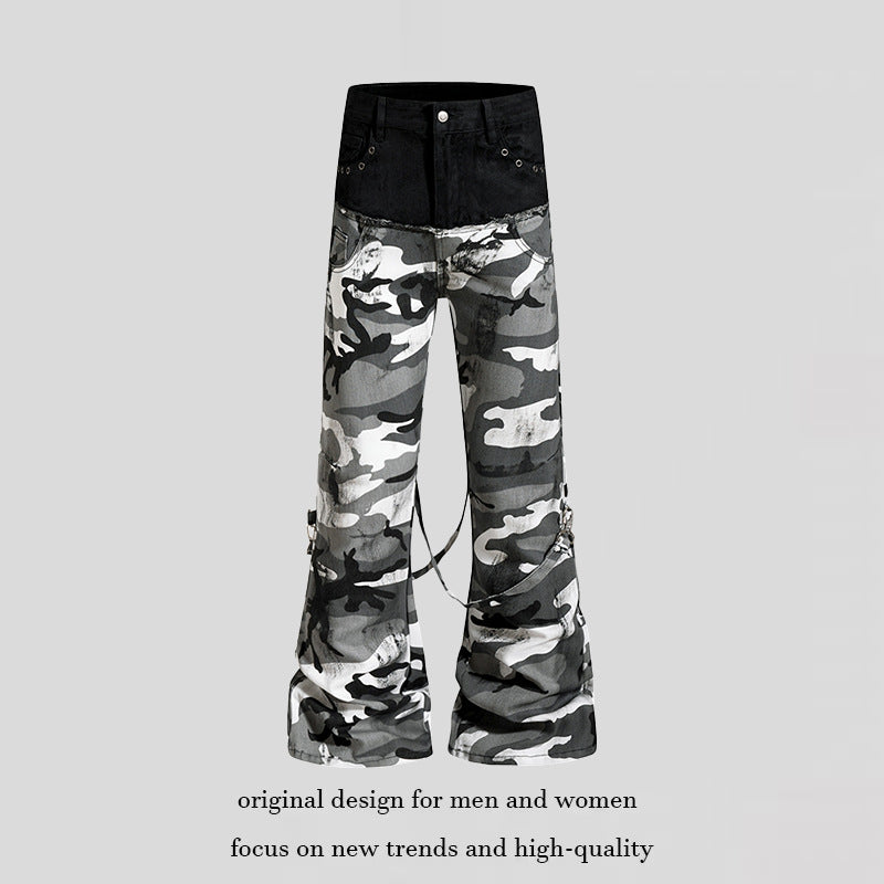 Damen Weite High‑Waist Cargohose im Camouflage‑Look mit Bondage‑Riemen Nord Taschen