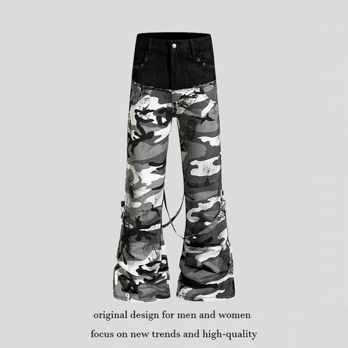 Damen Weite High‑Waist Cargohose im Camouflage‑Look mit Bondage‑Riemen Nord Taschen