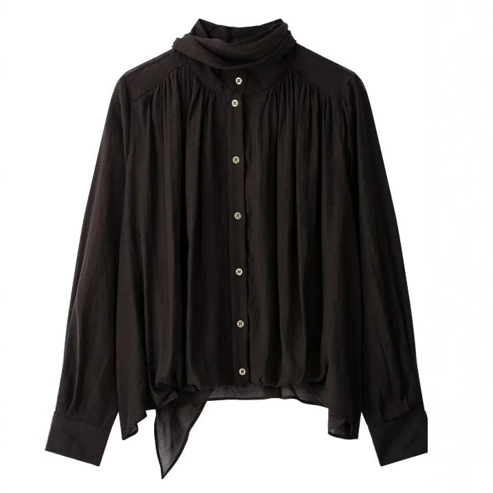 Damen Locker fallende Chiffon‑Bluse mit Schalkragen, Knopfleiste und Ballonärmeln Nord Taschen