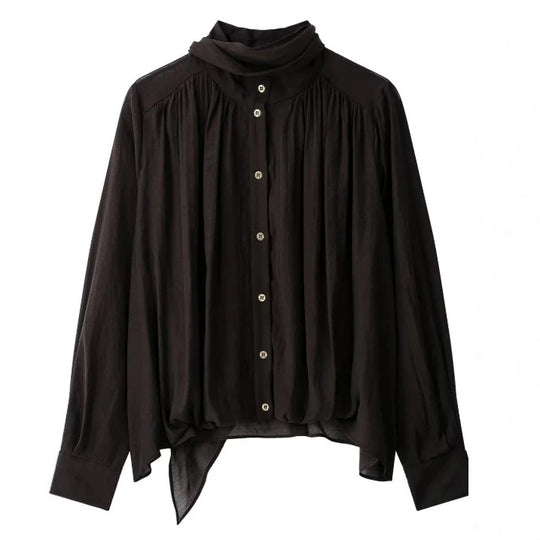 Damen Locker fallende Chiffon‑Bluse mit Schalkragen, Knopfleiste und Ballonärmeln Nord Taschen