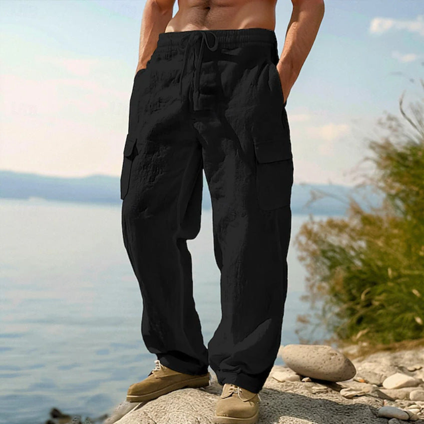 Herren weite Casual-Cargohose aus Leinen-Baumwollmix mit Elastikbund, Tunnelzug und großen Pattentaschen Nord Taschen