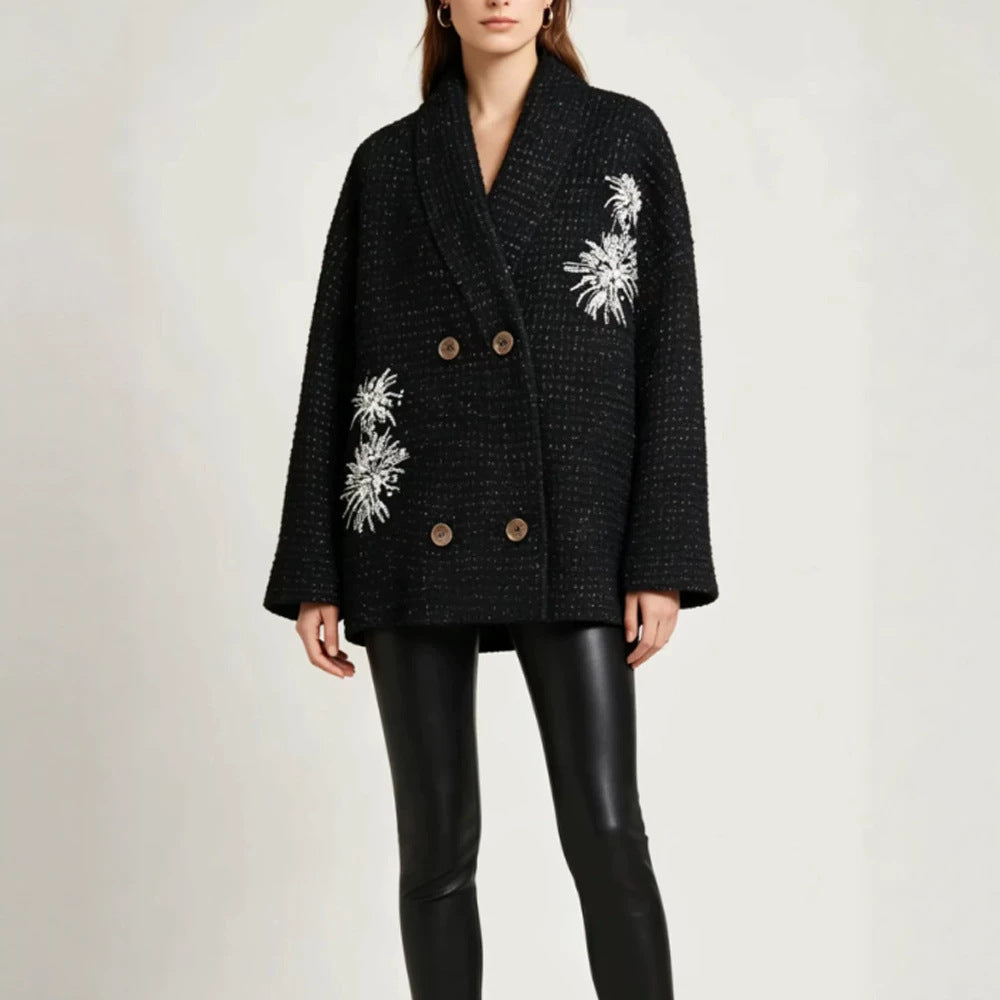 Damen Oversize-Bouclé-Manteljacke mit Schalkragen und floraler Stickerei Nord Taschen