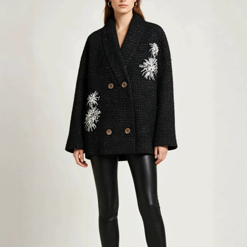 Damen Oversize-Bouclé-Manteljacke mit Schalkragen und floraler Stickerei Nord Taschen