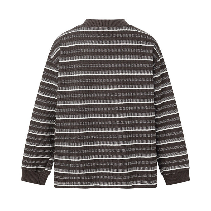Unisex Locker geschnittener Strukturstrick-Pullover mit Rundhals und maritimen Streifen Nord Taschen