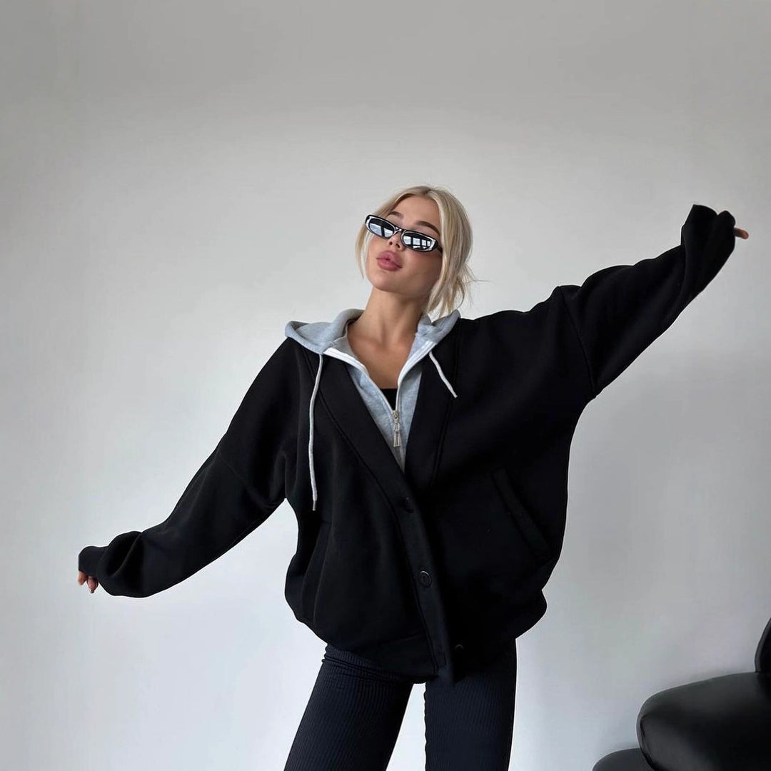 Damen Oversized Kapuzenjacke mit Druckknopfverschluss und Eingrifftaschen Nord Taschen