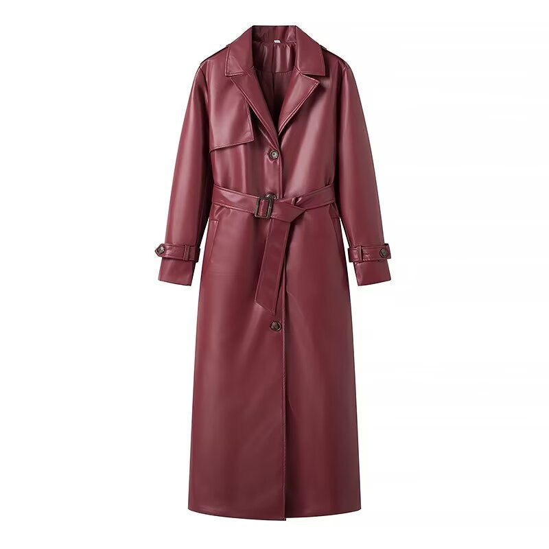 Damen 100+ langer oversize Kunstleder‑Trenchcoat mit Taillengürtel und weitem Revers Nord Taschen