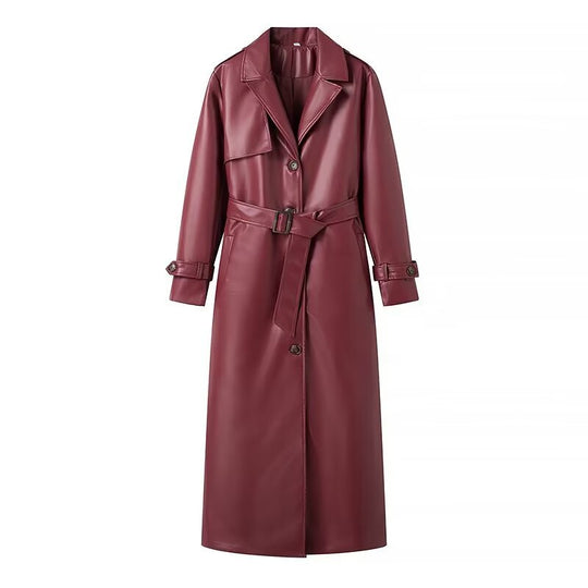 Damen 100+ langer oversize Kunstleder‑Trenchcoat mit Taillengürtel und weitem Revers Nord Taschen