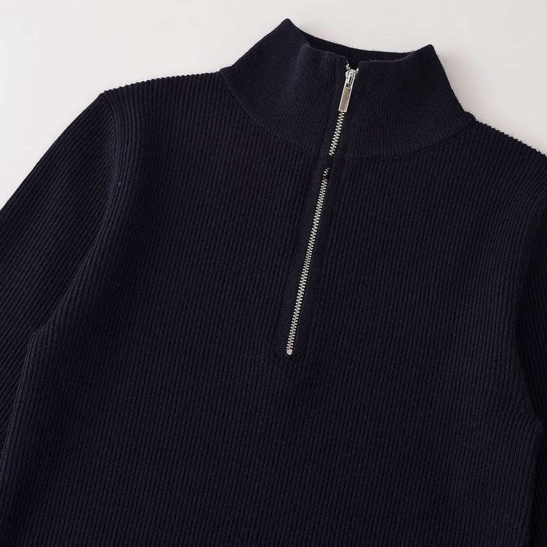 Damen Gerippter Halbzip-Strickpullover mit Stehkragen Nord Taschen