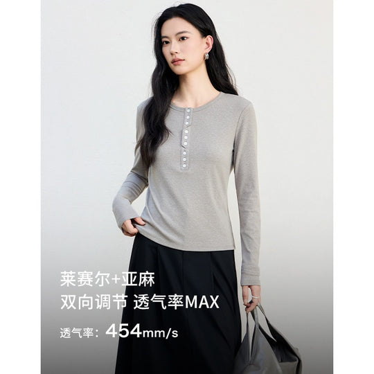 Damen Langärmeliges Henley-Shirt aus feinem Jersey mit dekorativer Knopfleiste Nord Taschen
