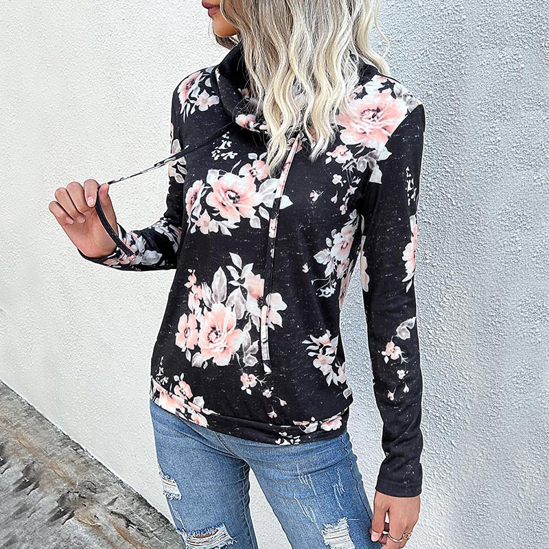 Damen Schlauchkragen-Sweatshirt mit floralem Alloverprint und Kordelzug Nord Taschen