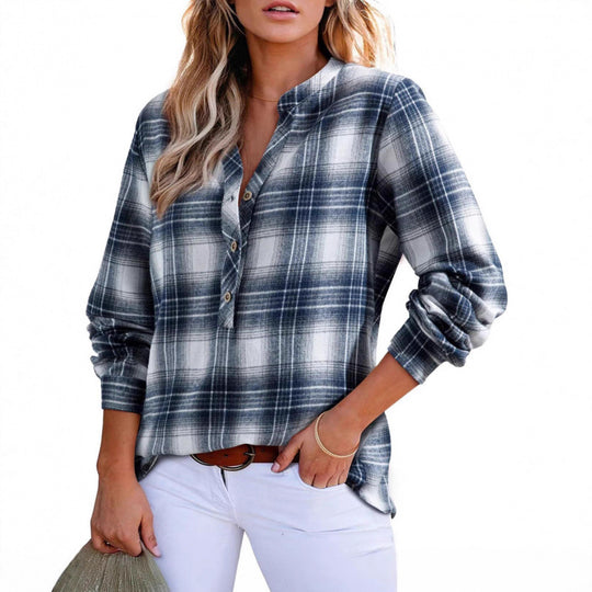 Damen Karo-Bluse im Oversize-Look mit V-Ausschnitt Knopfleiste und gerundetem Saum Nord Taschen