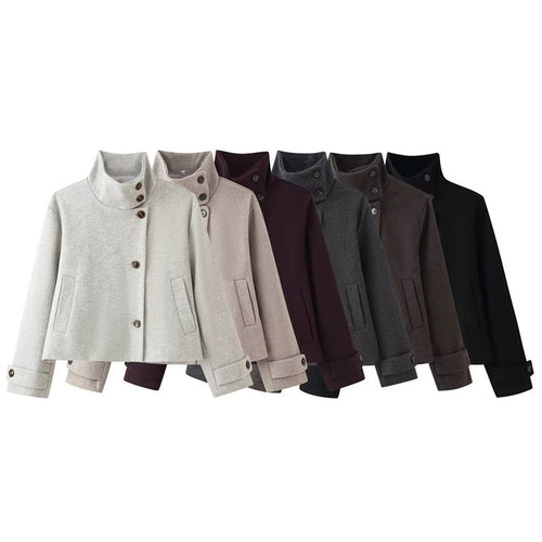 Damen kurze Boxy-Wolljacke mit Stehkragen und Manschetten Nord Taschen