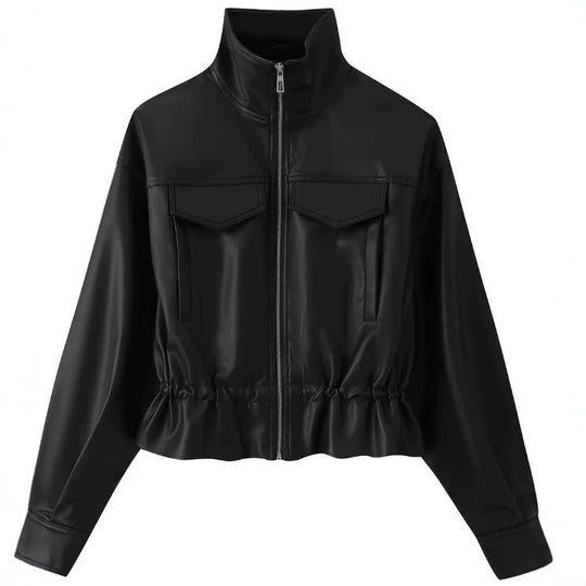 Damen Kurz geschnittener Kunstleder-Blouson mit hohem Stehkragen, Brustpatten und Tunnelzug Nord Taschen