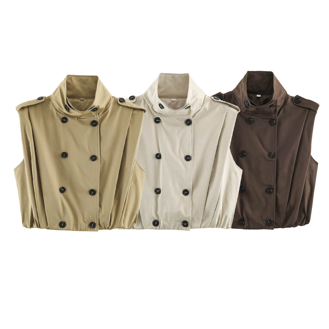 Damen Cropped Trench‑Weste ohne Ärmel mit doppelreihiger Knopfleiste und Epauletten Nord Taschen