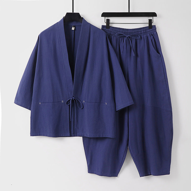 Unisex Modernes Kimono-Lounge-Set aus weichem Baumwollmix mit Kurzjacke, Tunnelzug-Hose und gerafften Knöcheln Nord Taschen