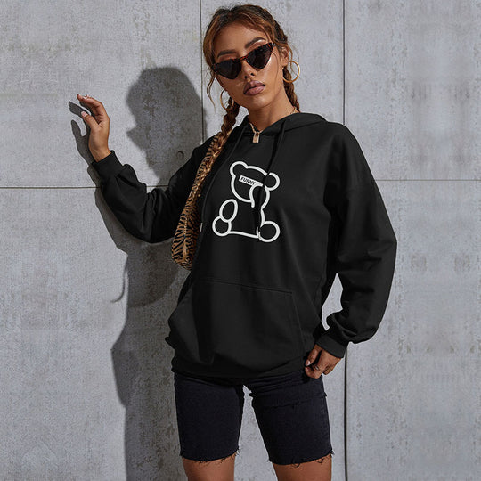 Damen Oversize-Kapuzenpullover mit Teddy-Grafik, Kängurutasche und Tunnelzug Nord Taschen