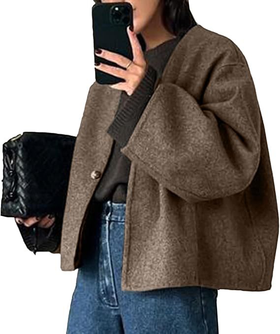 Damen Kurz geschnittene Oversize Wolljacke mit kastigem Schnitt und Ein-Knopf-Verschluss Nord Taschen