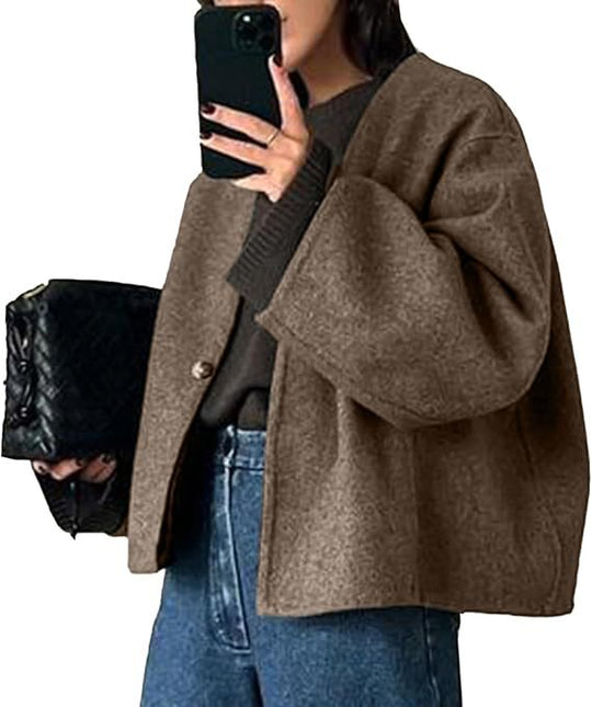 Damen Kurz geschnittene Oversize Wolljacke mit kastigem Schnitt und Ein-Knopf-Verschluss Nord Taschen