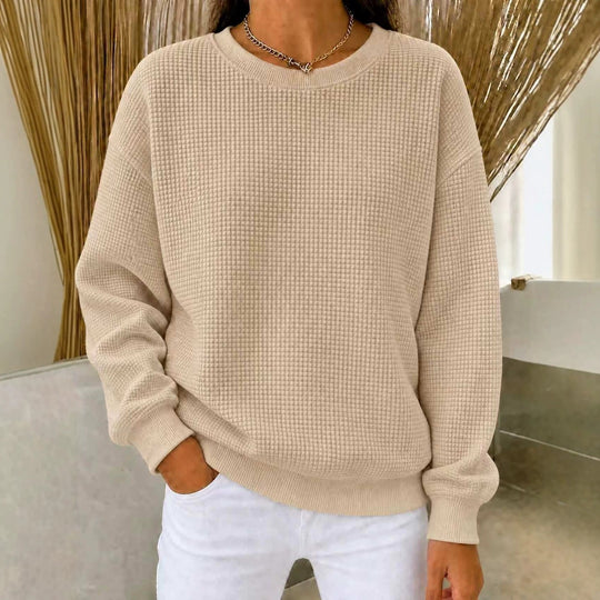 Damen Lockeres Waffelstrick-Sweatshirt mit Rundhalsausschnitt und Rippbündchen Nord Taschen