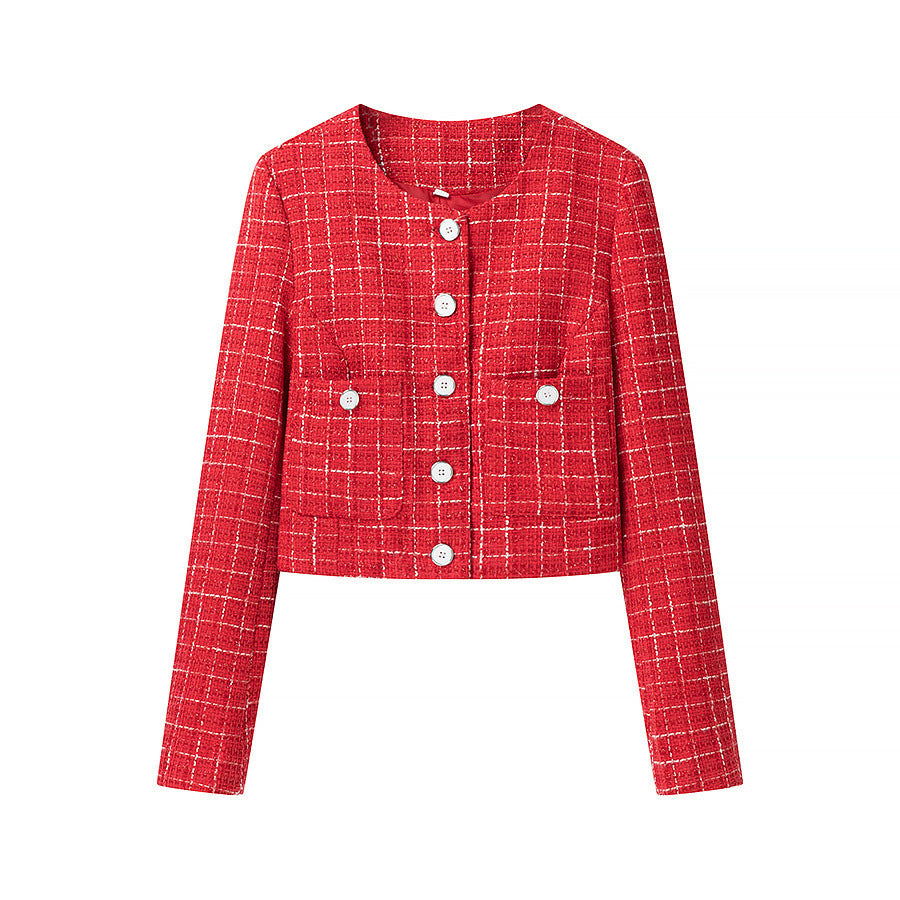 Damen Kurzgeschnittener Bouclé‑Tweed‑Blazer mit Rundhals, Zierknöpfen und aufgesetzten Taschen Nord Taschen