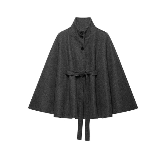 Damen Wollcape-Mantel mit Stehkragen, Knopfverschluss und Bindegürtel Nord Taschen