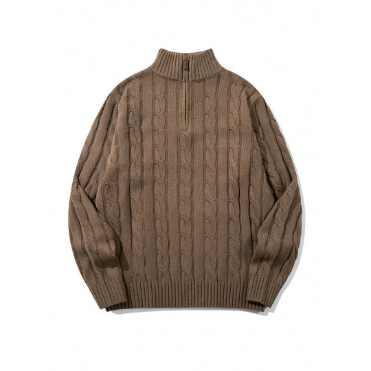 Unisex Grobgestrickter Halbreißverschluss-Zopfmuster-Pullover mit Stehkragen und gerippten Abschlüssen Nord Taschen
