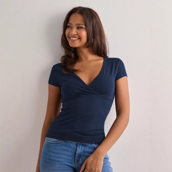 Damen Stilvolles Wickel V-Ausschnitt Top