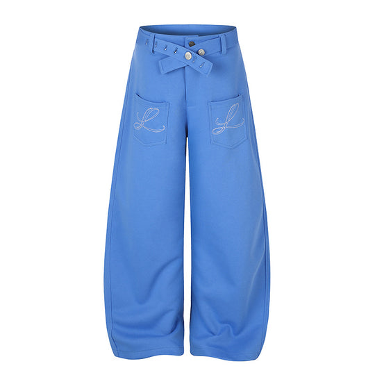 Damen Weite High‑Waist Palazzo-Jogginghose mit aufgesetzten Taschen, Zierstickerei und verstellbarem Gürtel Nord Taschen