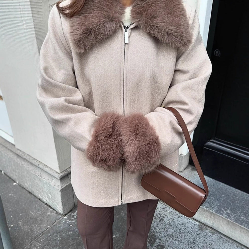 Damen Eleganter Kurzmantel aus Wollmix mit abnehmbarem Webpelzkragen und verdecktem Zweiwege-Reißverschluss Nord Taschen