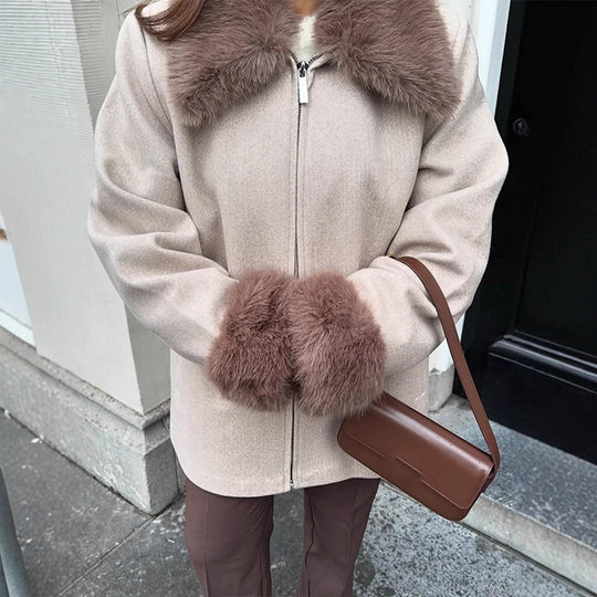 Damen Eleganter Kurzmantel aus Wollmix mit abnehmbarem Webpelzkragen und verdecktem Zweiwege-Reißverschluss Nord Taschen