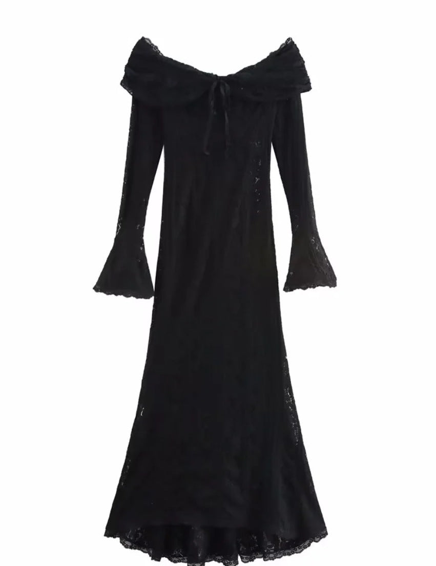 Damen 300+ Maxikleid aus Spitze mit Carmen‑Ausschnitt, ausgestellten Glockenärmeln und figurumspielender Silhouette Nord Taschen