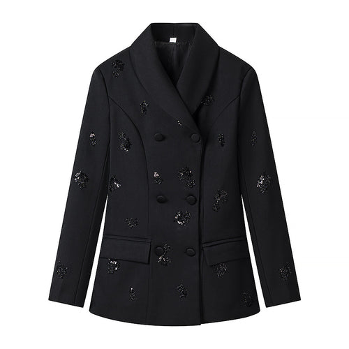 Damen Doppelreihiger Blazer mit Paillettenblüten und Schalkragen Nord Taschen