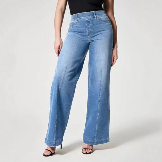 Damen Hochtaillierte Weitgeschnittene Jeanshose mit geradem Bein Nord Taschen